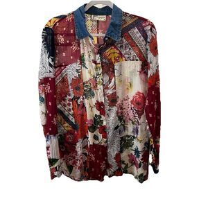 Magazine Floral Sheer Boho Red Blue V Neck Blouse Top Size M Roll Tab Sleeve